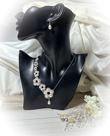 Asymmetric Pearl Flower Necklace and Earring Set