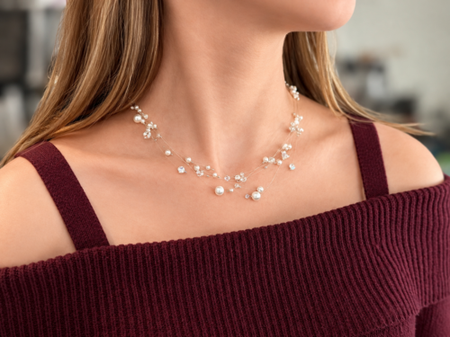 Pearl and Crystal Collarbone Necklace Illusion Pearl & Crystal Necklace